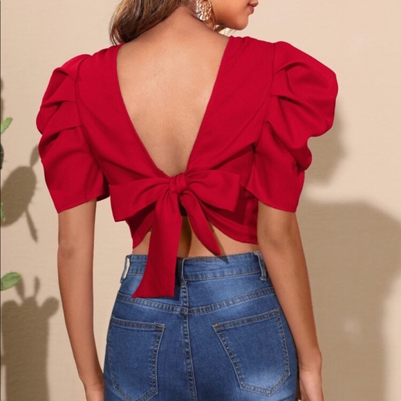 Open Back Tie Puff Sleeve Ruched Classic Top Blouse RED - Picture 1 of 16